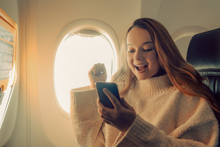 A beautiful girl sits in an airplane, looks into the phone, rejoices, victory, a big prize.の写真素材