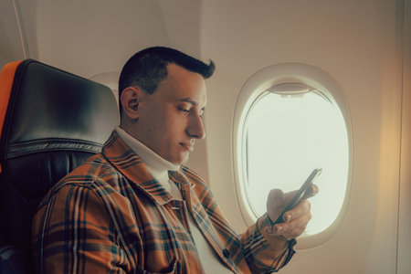 A man sits in an airplane at the window and looks into a smartphone.の写真素材