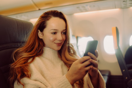 A beautiful girl is sitting in an airplane looking at the phone, reading a book or playing games. Air travel, long flight.の写真素材