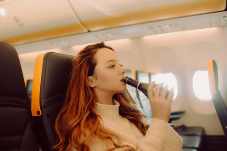 The girl in the plane drinks champagne alcohol from excitement. Fear of flying on an airplaneの写真素材