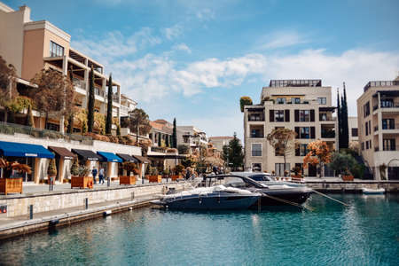 Montenegro. Tivat. 05/16/2022. Gorgeous beautiful places near the sea, palm trees, boats, restaurants and rest by the waterのeditorial素材