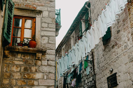 City in Europe drying clothes on the street in the city center