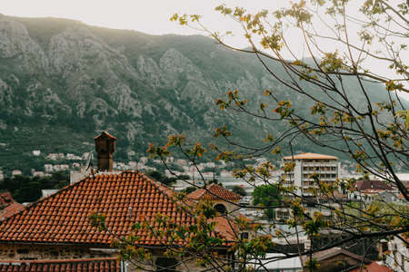 Montenegro. Kotor. 16.05.2020 View of the city of Kotor from the mountain Ladder of Kotor, San Giovanni castle view. Mountains sea and bay.のeditorial素材