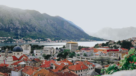 Montenegro. Kotor. 16.05.2020 View of the city of Kotor from the mountain Ladder of Kotor, San Giovanni castle view. Mountains sea and bay.のeditorial素材