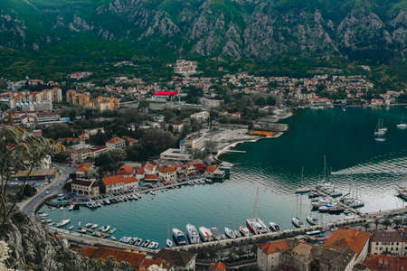 Montenegro. Kotor. 16.05.2020 View of the city of Kotor from the mountain Ladder of Kotor, San Giovanni castle view. Mountains sea and bay.のeditorial素材