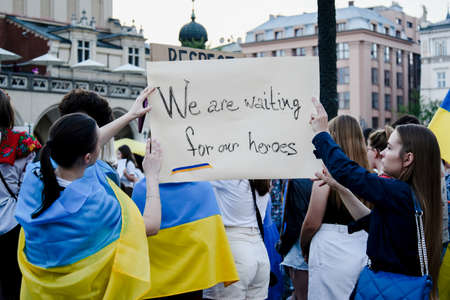 Cracow. Poland. 25/06/2022 International Peace Rally. Ukrainians ask to release defenders from Azovstal. War in Ukraine. Stay with Ukraineのeditorial素材