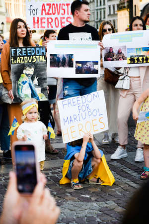 Cracow. Poland. 25/06/2022 International Peace Rally. Ukrainians ask to release defenders from Azovstal. War in Ukraine. Stay with Ukraineのeditorial素材