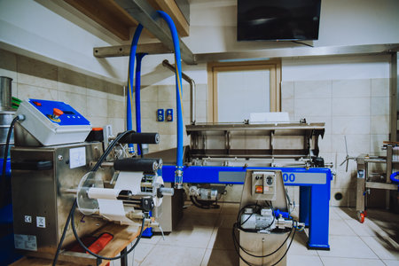 Olive oil plant. Olive farm with a factory. Machines for the production of olive oil and packagingの写真素材