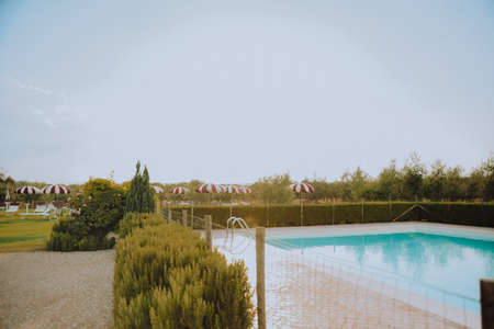 Pool near the olive field at sunset. Rest and tranquilityの写真素材