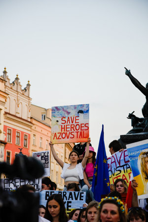 Cracow. Poland. 25/06/2022 International Peace Rally. Ukrainians ask to release defenders from Azovstal. War in Ukraine. Stay with Ukraineのeditorial素材