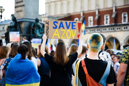 Cracow. Poland. 25/06/2022 International Peace Rally. Ukrainians ask to release defenders from Azovstal. War in Ukraine. Stay with Ukraineのeditorial素材