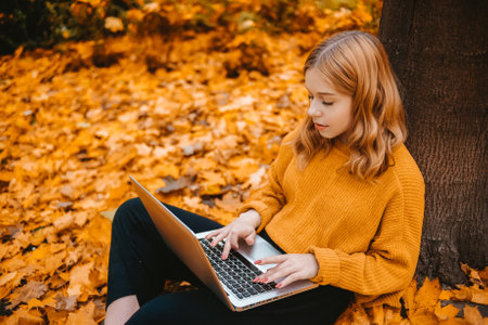 A beautiful girl teenager sits in an autumn park with a laptop. The student studies on the street. The girl looks into the laptop monitor and prints somethingの写真素材