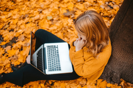 A beautiful girl teenager sits in an autumn park with a laptop. The student studies on the street. The girl looks into the laptop monitor and prints somethingの写真素材