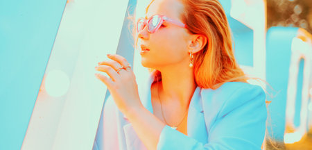Portrait in neon near the lamp. Girl in blue lighting with glassesの写真素材