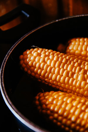 Orange juicy corn is boiled in water with salt. Corn in boiling water in a saucepanの写真素材