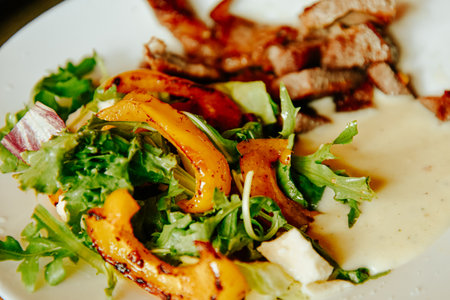 Salad with meat and sauce. Proper nutrition, balanced homemade mealの写真素材