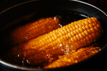 Orange juicy corn is boiled in water with salt. Corn in boiling water in a saucepan. Healthy food and vegetablesの写真素材