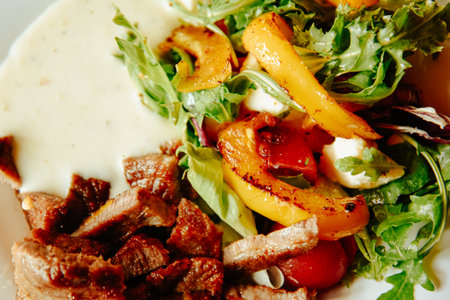 Salad with meat and sauce. Proper nutrition, balanced homemade mealの写真素材