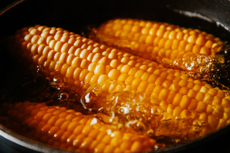 Orange juicy corn is boiled in water with salt. Corn in boiling water in a saucepanの写真素材