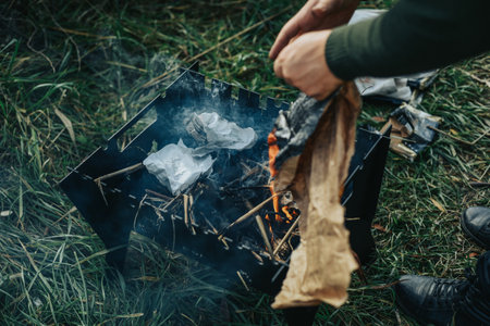 The fire on the grill stands on the grass. They make fire with paper and branches, natural fuel.の写真素材