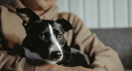 A dog without a breed, A mongrel in the arms of the owner of the house. The dog sits on the owner's lap and relaxesの写真素材