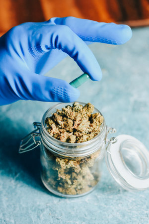 Cones of marijuana in the hands of a doctor. Marijuana pills cbd and thc. Drugs in treatment, medicineの写真素材
