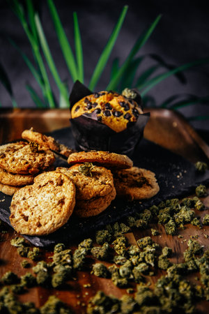 Marijuana cookie, dope cupcake, cbd thc cookie. marijuana buds indica and sativaの写真素材