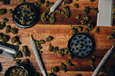 Grinder close shot, grass and cones, drugs in joint on a wooden table. Drug Dealer's House.の写真素材
