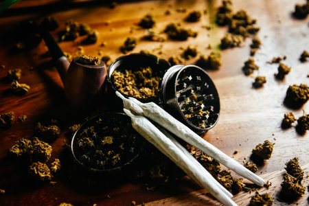 Drugs on a wooden table, marijuana buds, twisted joints and grinderの写真素材