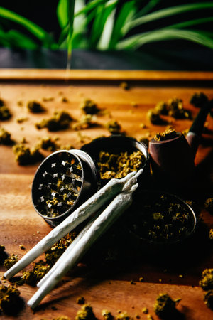 Grinder and joints with marijuana pipe. Drugs and marijuana, marijuana buds. Sativa and indica Ñbd and tgk on wood. Grass and smoking plants.の写真素材