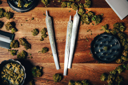 Marijuana shoals on a wooden table. Grinder, filter paper and cigarettes. Drugs on a table background with cbd or thc, indica or sativa budsの写真素材