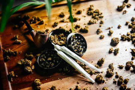 Grinder and joints with marijuana pipe. Drugs and marijuana, marijuana buds. Sativa and indica Ñbd and tgk on wood. Grass and smoking plants.の写真素材