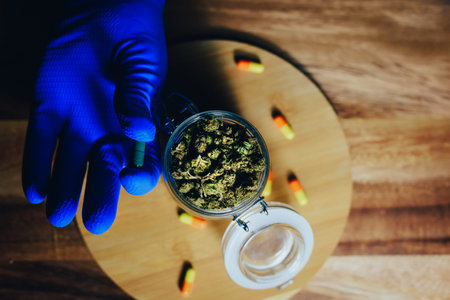 Cones of marijuana in the hands of a doctor. Marijuana pills cbd and thc. Drugs in treatment, medicineの写真素材