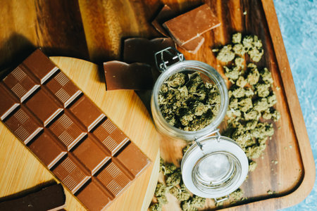 Chocolate with marijuana on the background of a wooden table and marijuana cones. CBD and THC, sativa and indica. marijuana grass in foodの写真素材
