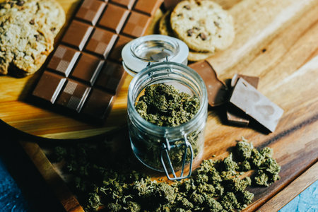 Chocolate and cookies with marijuana on a wooden table background. marijuana in foodの写真素材