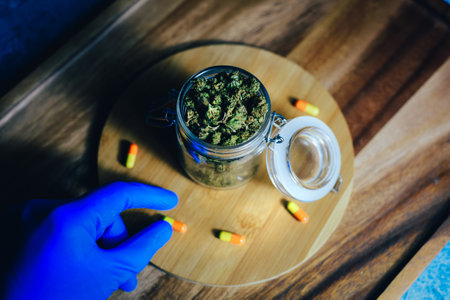 Marijuana in medicine and treatment. Marijuana buds in the hands of a doctor, a pill scientist. Blue gloves hold drugs. Sleeping and relaxing, headaches.の写真素材