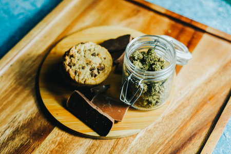 Chocolate and cookies with marijuana on the background of a wooden table and marijuana cones. CBD and THC, sativa and indica. marijuana grass in foodの写真素材