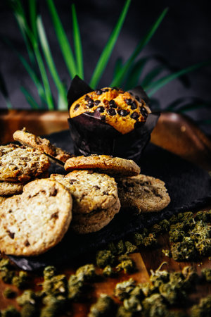 Marijuana cookie, dope cupcake, cbd thc cookie. marijuana buds indica and sativaの写真素材