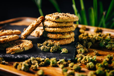 Marijuana cookies, drugs in food, thc and cbd brownies. Drugs and marijuana buds on a plank against the background of growthsの写真素材