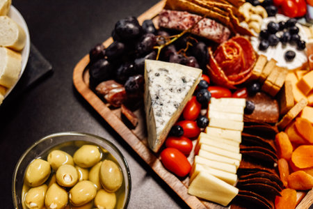 Cheese platter, cheese board meat and board. Vegetables and fruits with cheese and chocolate, prosciutto and salami with bread. Big board of snacks for the party.の写真素材