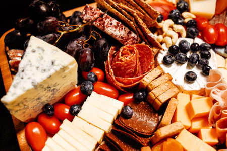 Cheese platter, cheese board meat and board. Vegetables and fruits with cheese and chocolate, prosciutto and salami with bread. Big board of snacks for the party.の写真素材