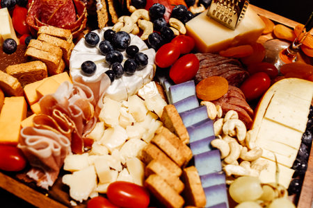 Cheese platter, cheese board meat and board. Vegetables and fruits with cheese and chocolate, prosciutto and salami with bread. Big board of snacks for the party.の写真素材