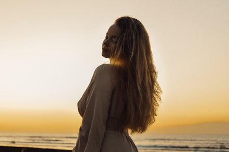 Gorgeous girl in a dress and jewelry on the background of the sunset on the background of the sea, a woman with long hair on vacation portraitの写真素材