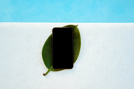 A phone on a leaf of a summer tree, a place for your website and advertising. Mocup summer near the pool and waterの写真素材