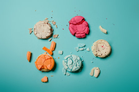 Close-up of macaroons of different colors in blue background. Culinary and tsuking concept. Tasti...