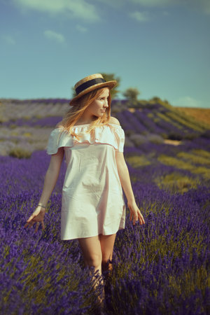 Beautiful girl on the lavender field. Beautiful woman in the lavender field at sunset. soft focus. Provence, France. A girl in pink dress and hat walking trough lavender fields and enjoys natureの写真素材