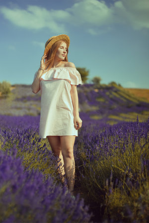 Beautiful girl on the lavender field. Beautiful woman in the lavender field at sunset. soft focus. Provence, France. A girl in pink dress and hat walking trough lavender fields and enjoys natureの写真素材