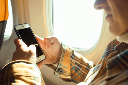 A man in an airplane looks at the phone, Wi-Fi in the airplane cabin. A tourist in a transport in the sky uses a smartphone, plays games, business and entertainment.の写真素材