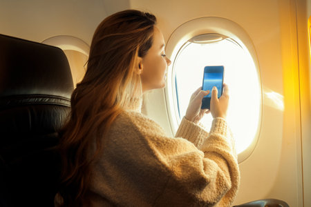 A girl on a plane in a window seat takes a photo on her phone of the sky and the view from the plane window. Beautiful girl with long hair is traveling, wifi in the planeの写真素材