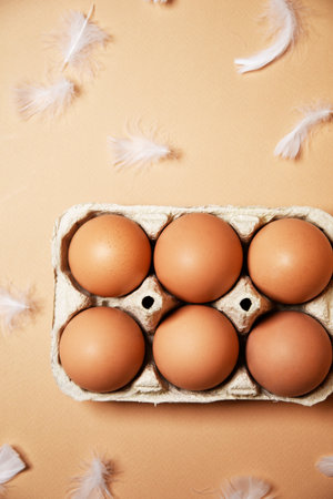 A tray with brown eggs, on a nude background, chicken feathers are flying. Eco products, nutrition, proteins and natural food.の写真素材